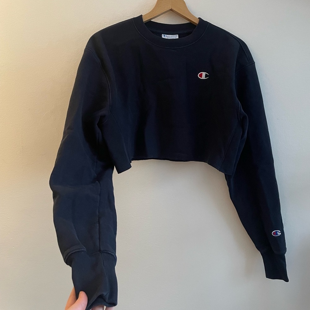 Champion Reverse Weave Vintage 90s Athleisure Cropped Crew Neck Pullover Navy S